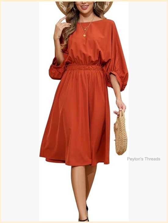 Dresses & Skirts - Crew Neck 3/4 Lantern Sleeve Casual Loose Summer Midi Dress